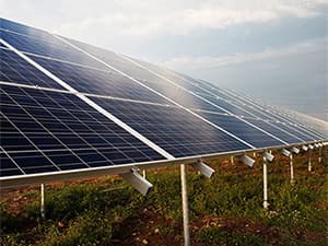 Large solar panel array on farm providing renewable energy production